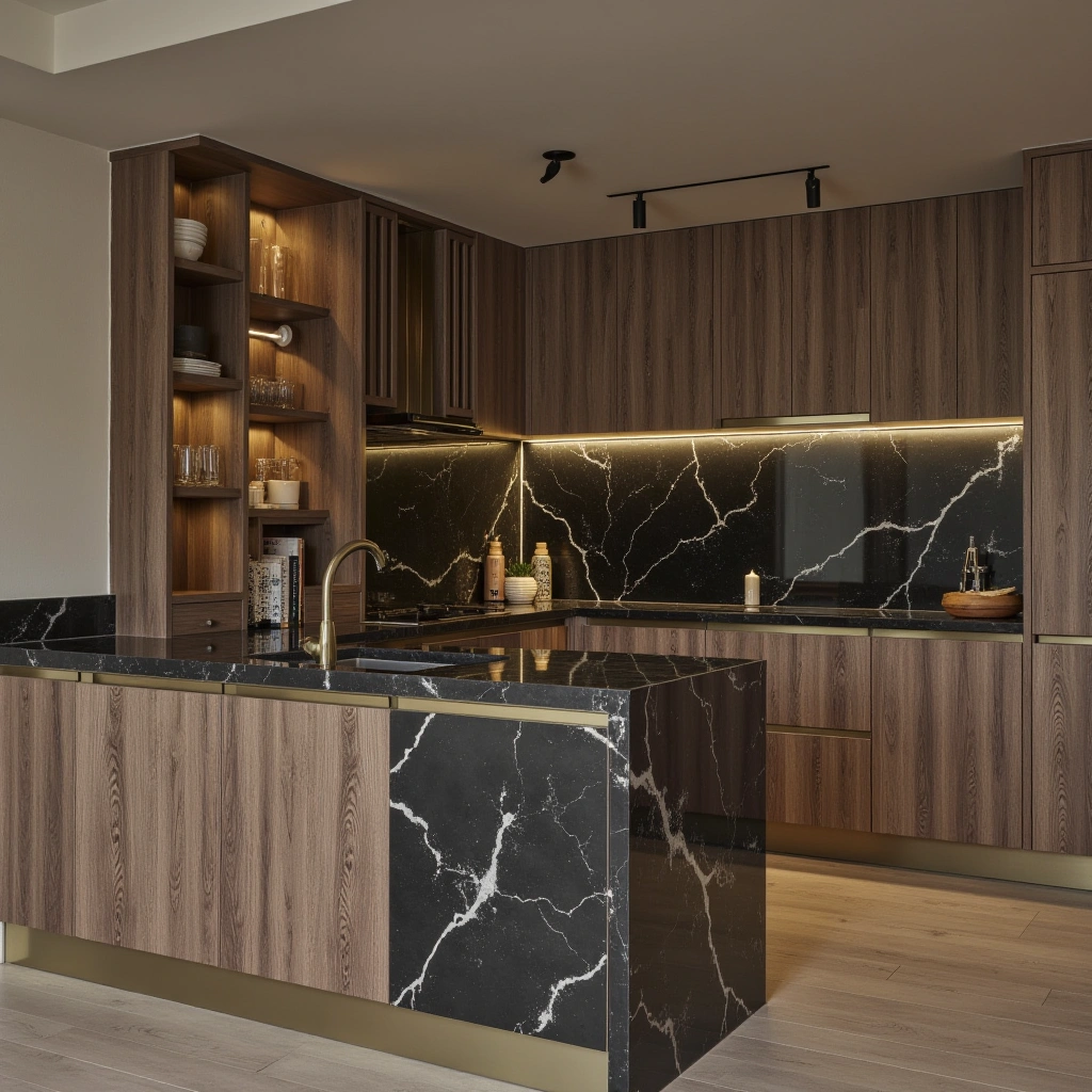 3. Black Marble Countertops with Warm Wood Cabinets