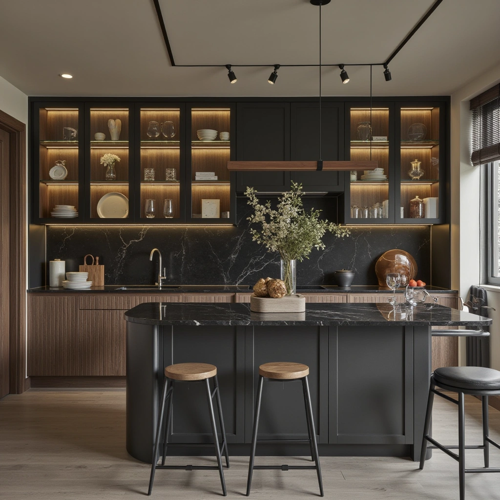 4. Black Marble with Glass Cabinet Doors
