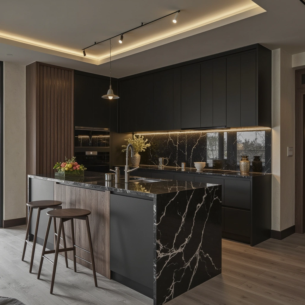 5. Minimalist Black Marble Kitchen with Matte Finishes
