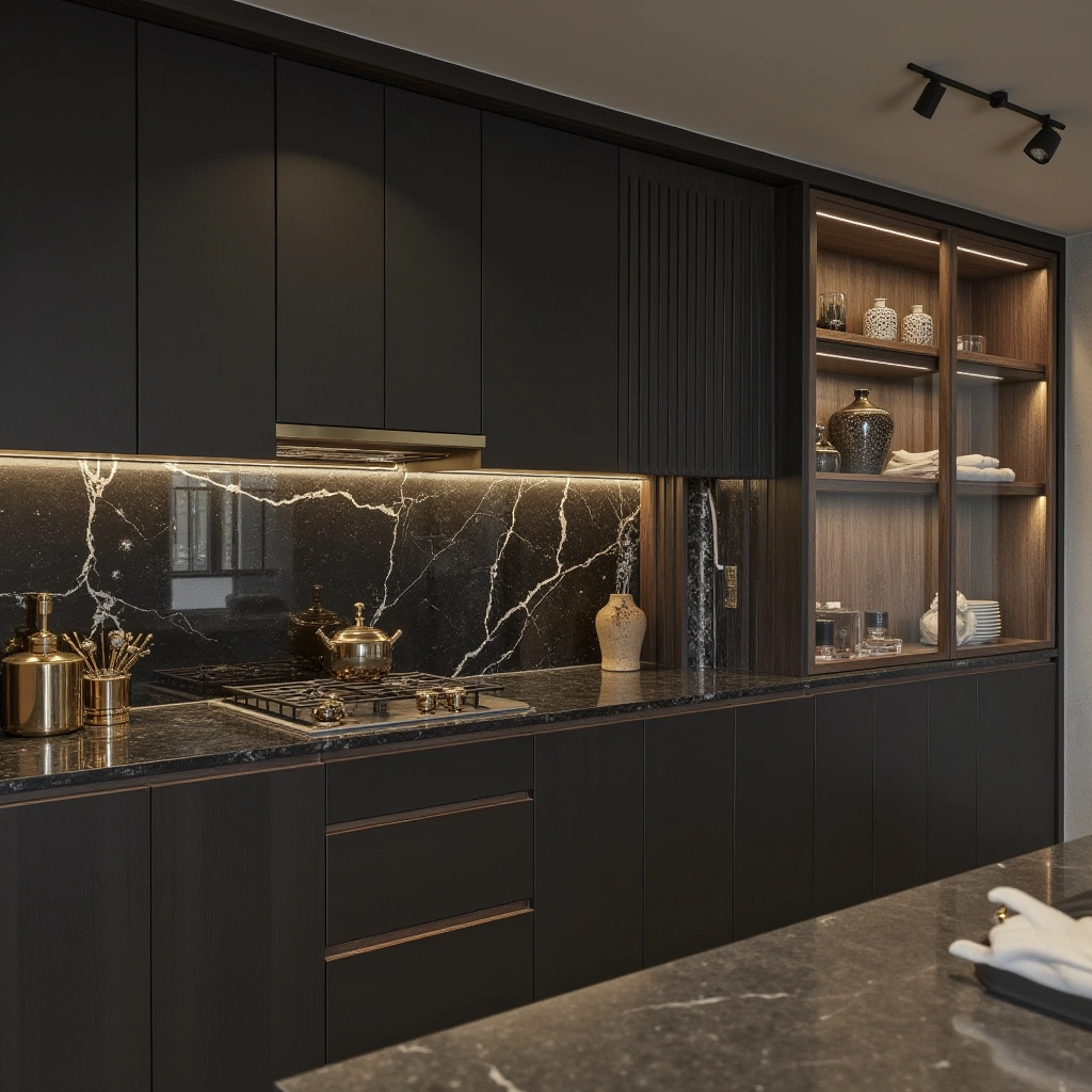 7. Black Marble with Brass Fixtures and Hardware