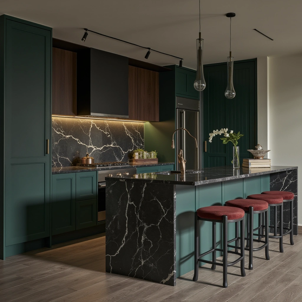 9. Black Marble with Deep Green or Navy Cabinets