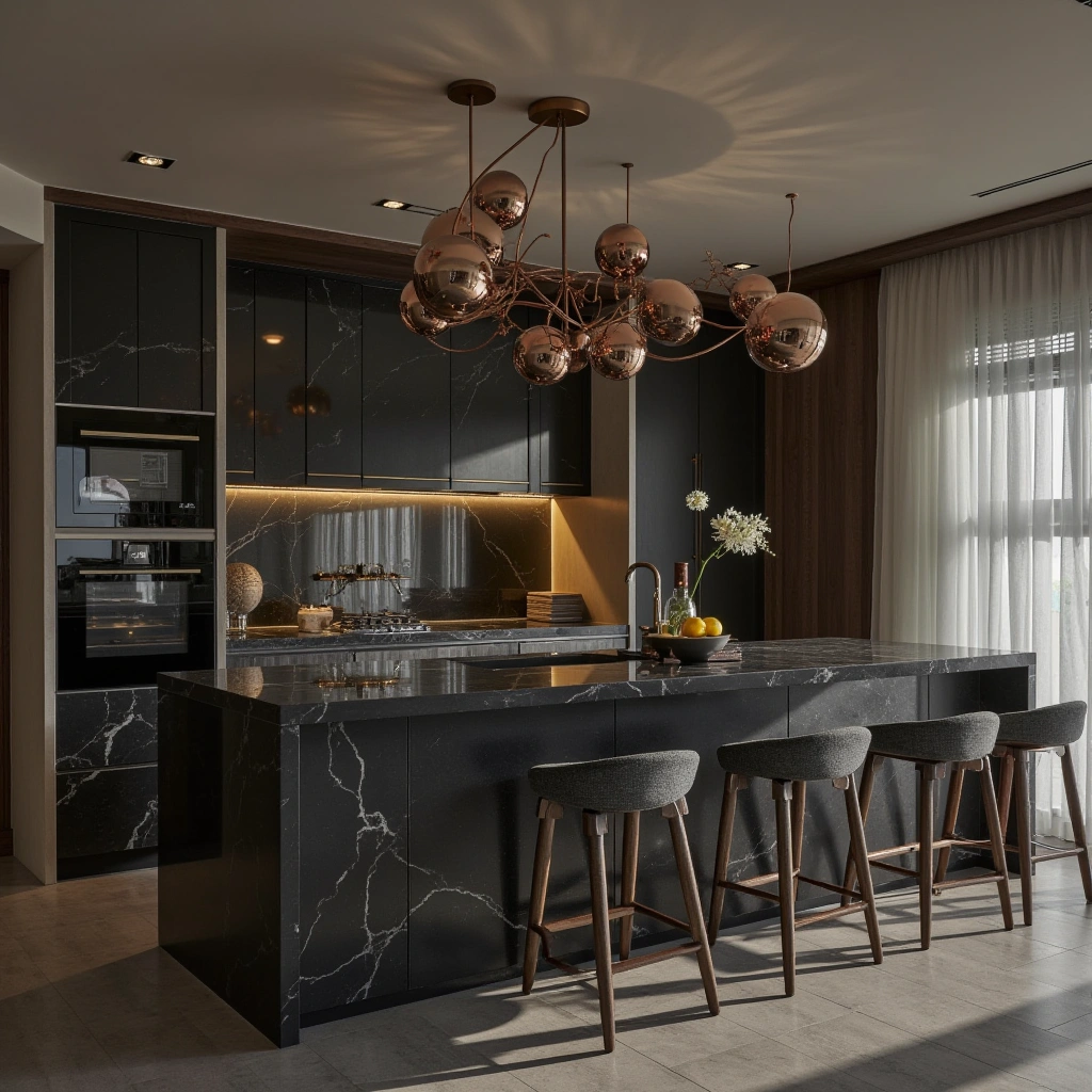 10. Black Marble with Statement Lighting