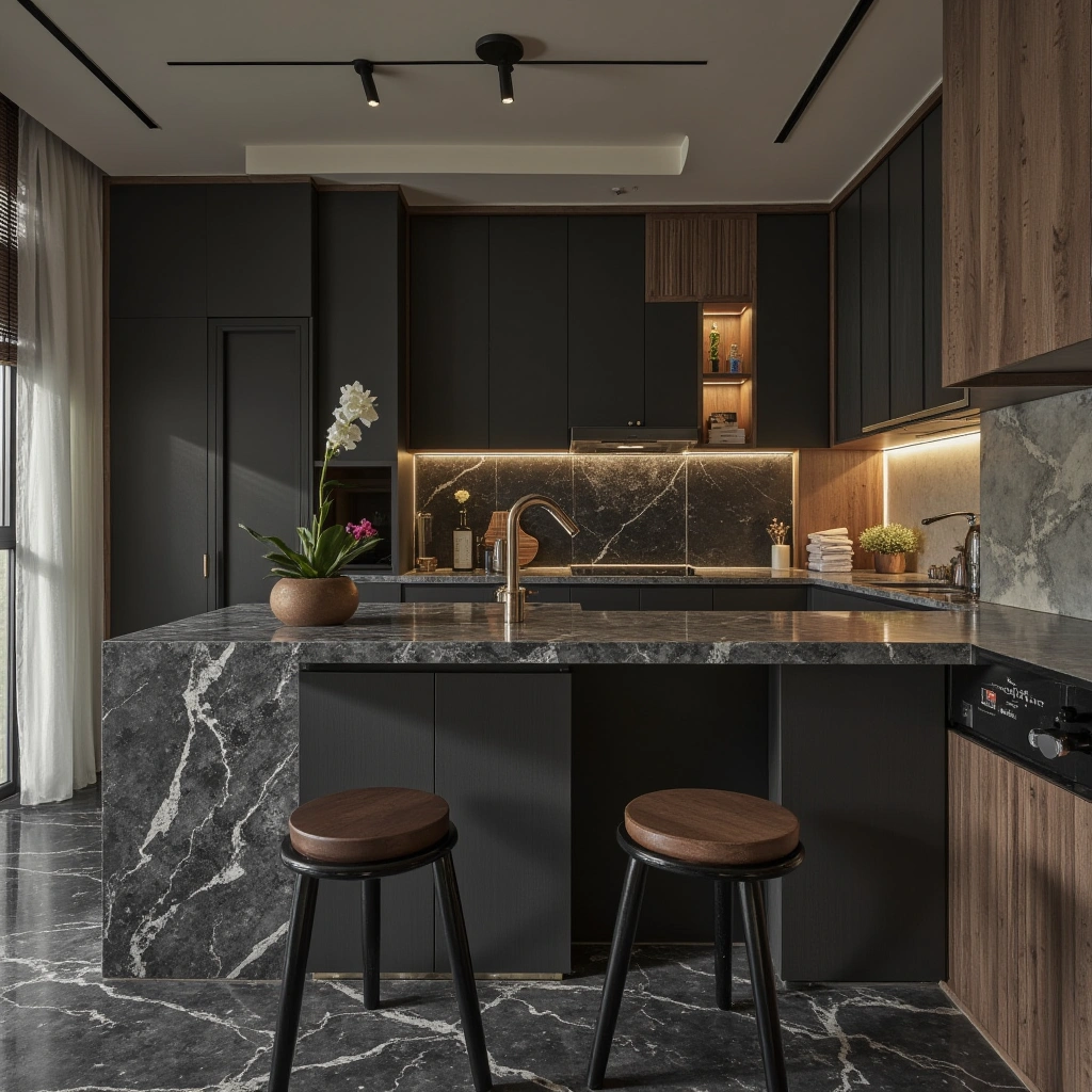 11. Black Marble Flooring in Kitchens
