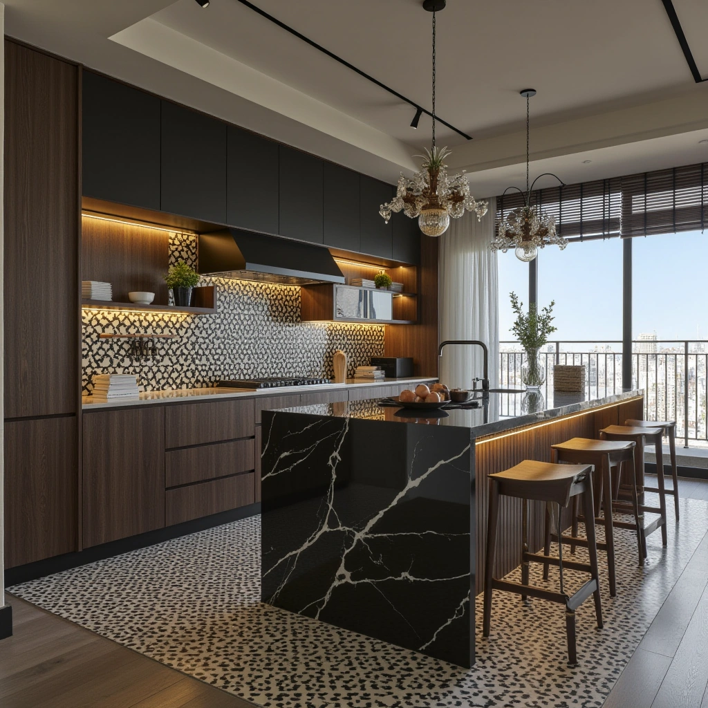 12. Black Marble with Patterned Tiles or Accents