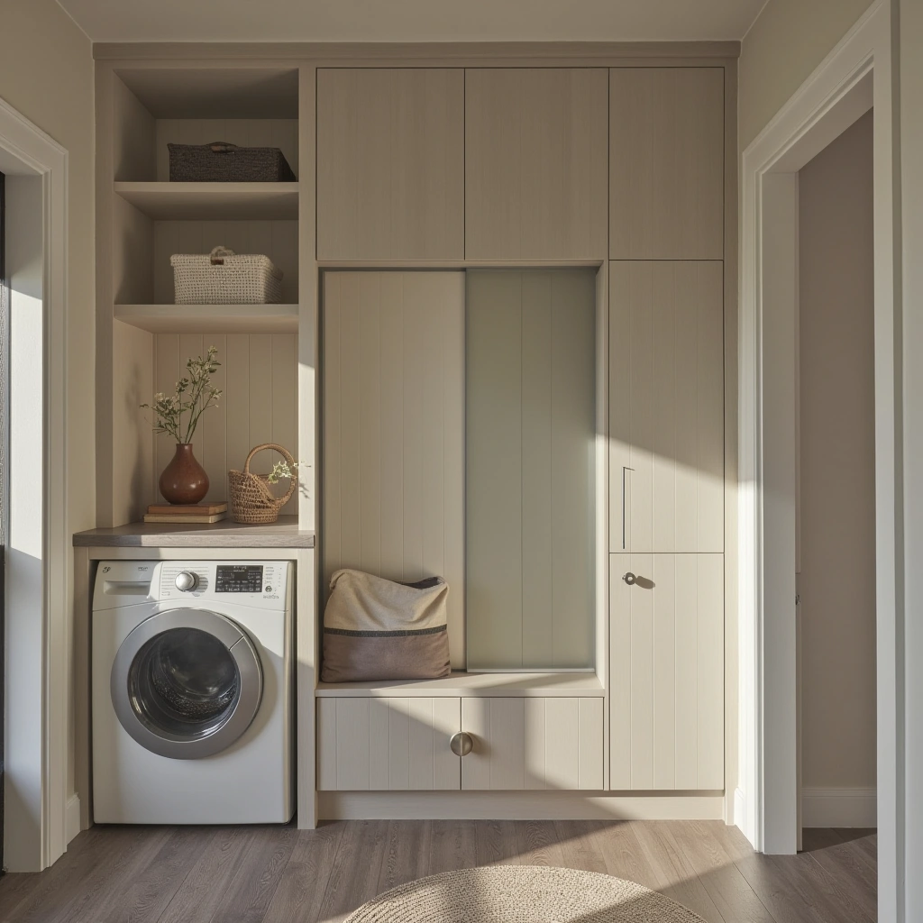 4. Minimalist Mudroom with Concealed Laundry