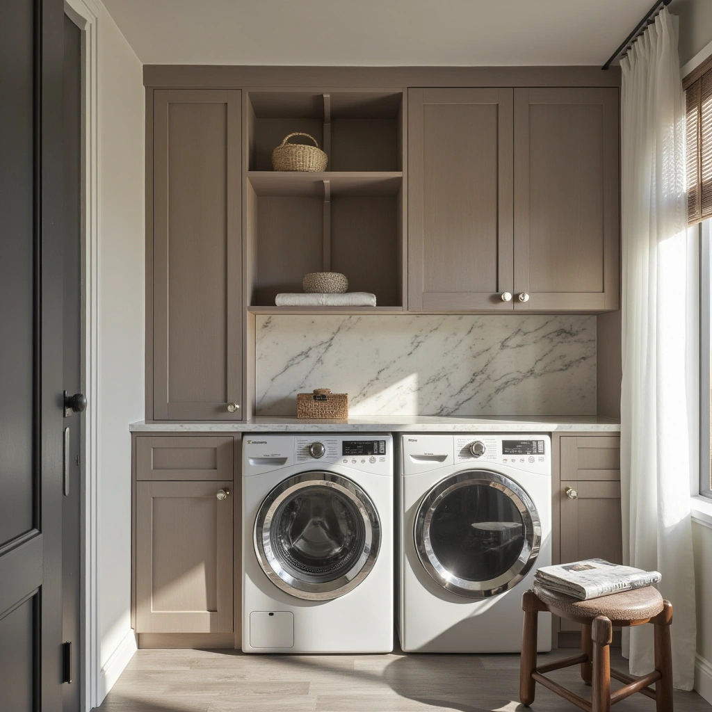 8. Elegant Mudroom with Marble Countertops and Cabinetry