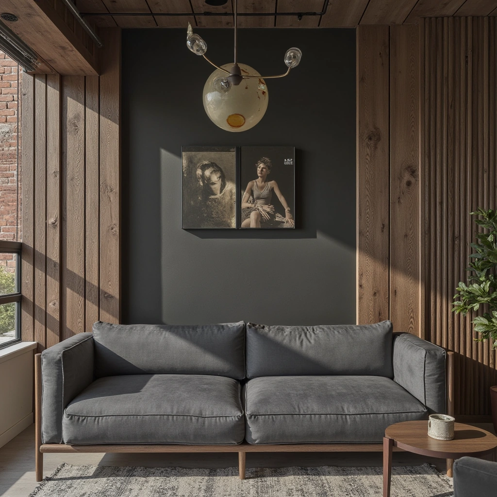 2. Industrial Chic Featuring a Dark Grey Couch