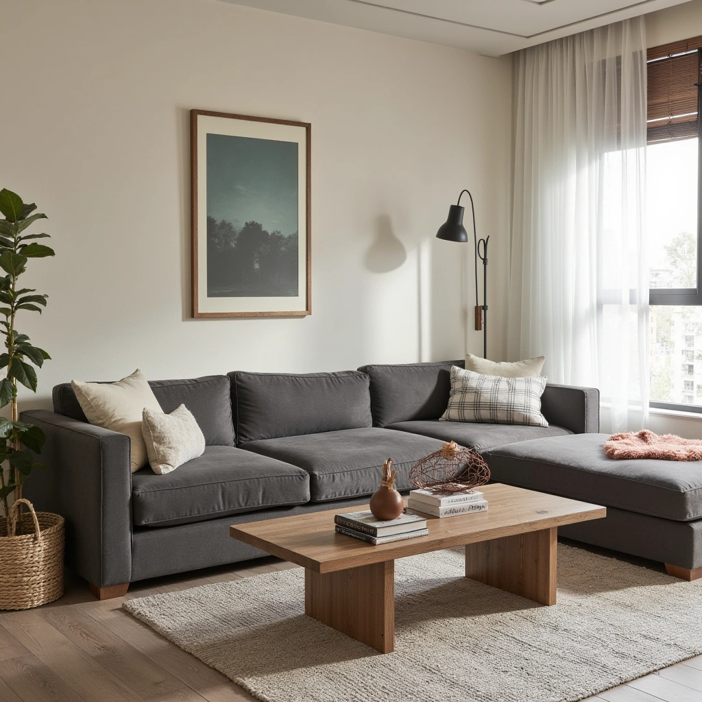 3. Cozy Farmhouse Living Room with a Dark Grey Couch