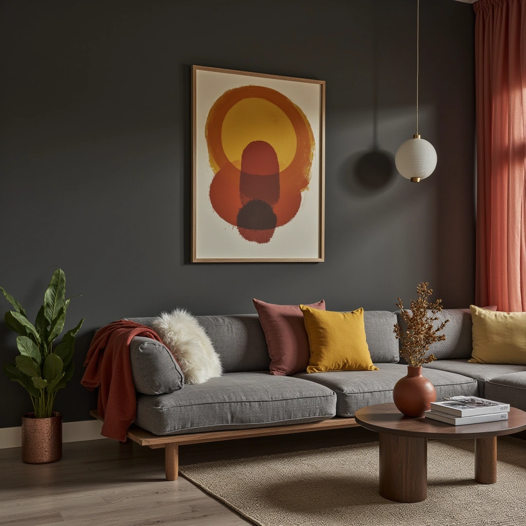 4. Bold Color Accents with a Dark Grey Couch