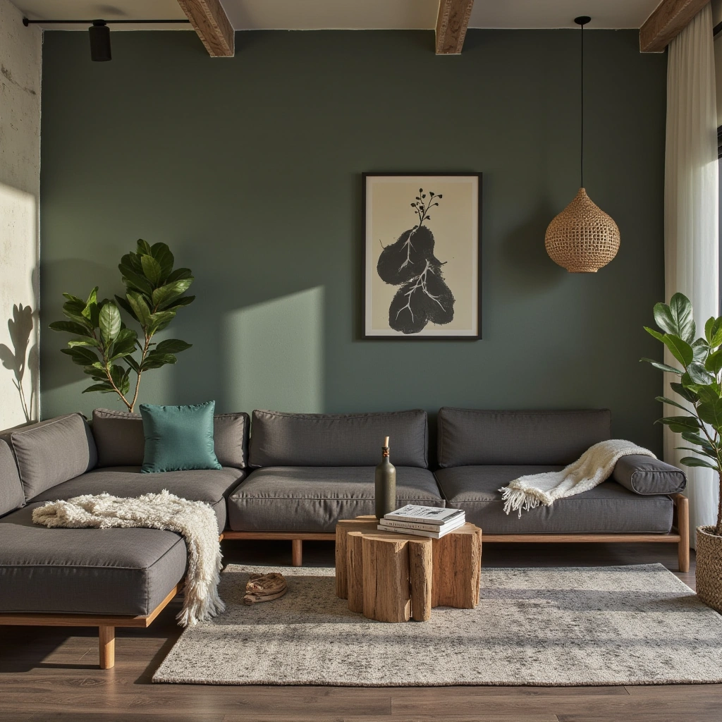 6. Nature-Inspired Living Room with a Dark Grey Sofa