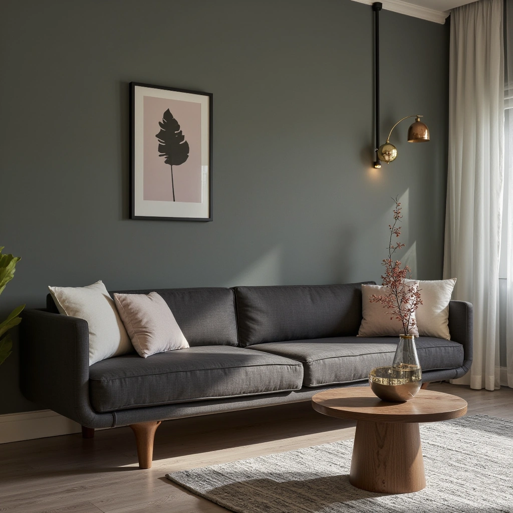 7. Mid-Century Modern Dark Grey Couch Setup
