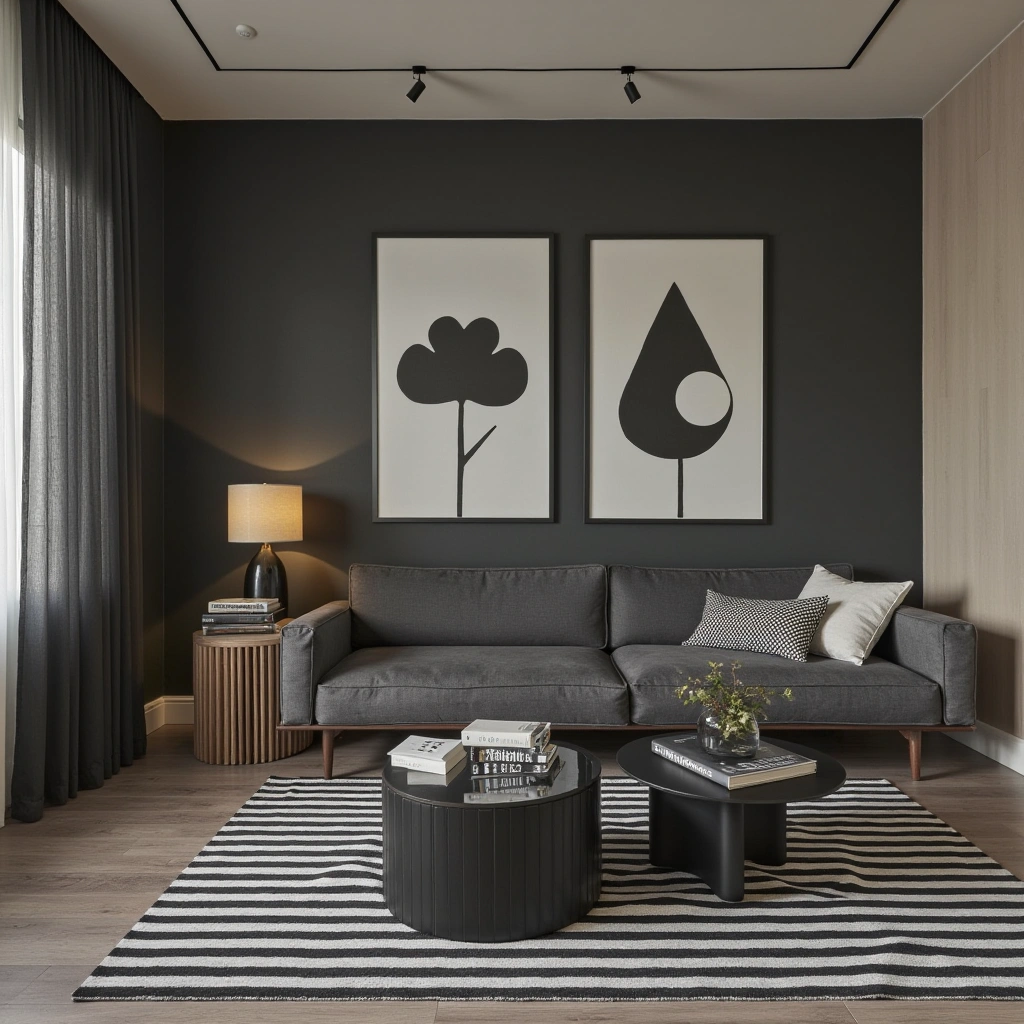 9. Black and White Contrast with a Dark Grey Couch