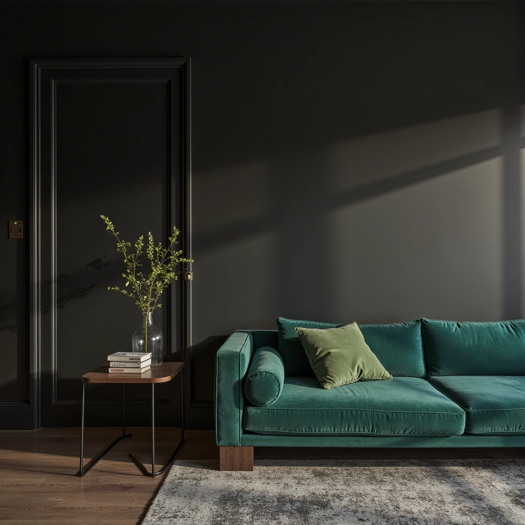 2. Jewel-Toned Sofas Against Black Walls