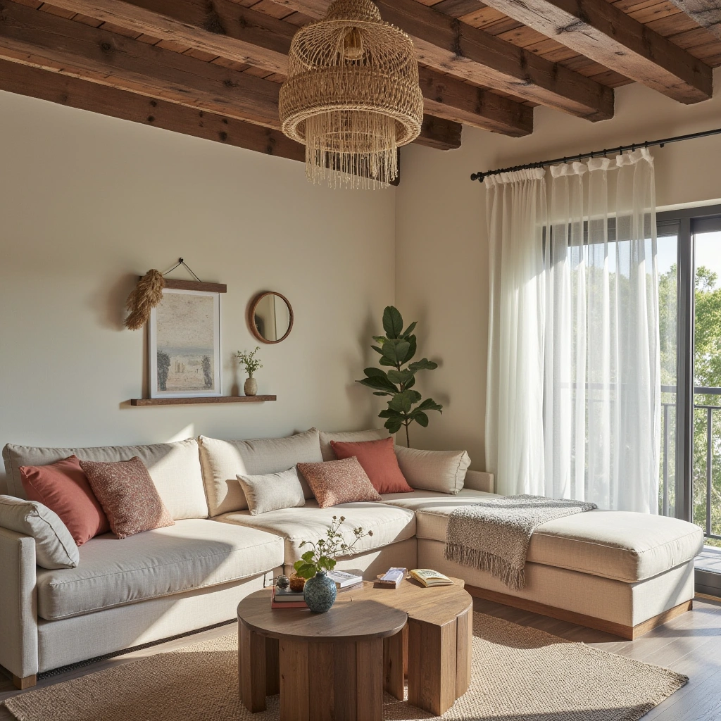 10. Statement Ceilings with Wooden Beams or Rattan Chandeliers