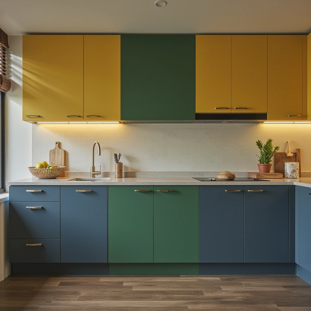4. Bold Color Blocks with Mismatched Cabinets