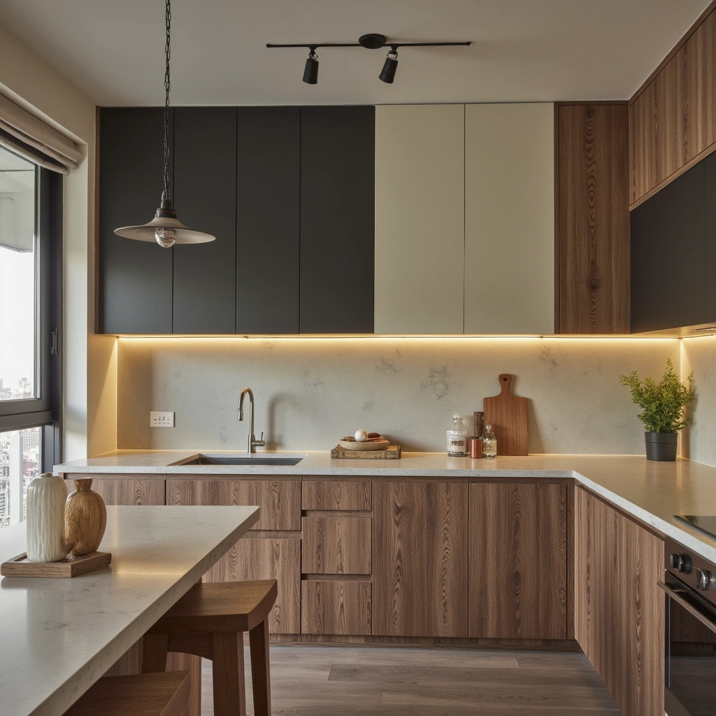6. Rustic Wood with Glossy Lacquer Cabinets