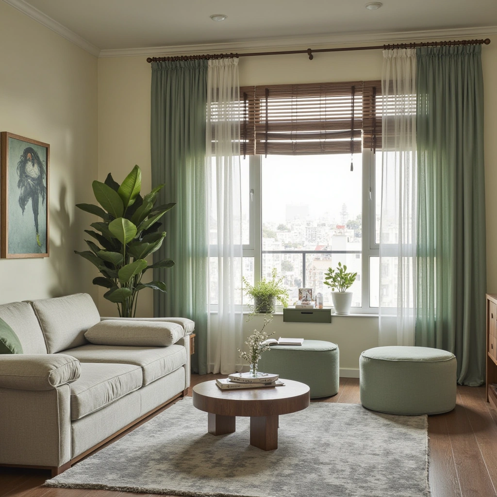 4. Sage Green Curtains and Cushions for Subtle Elegance