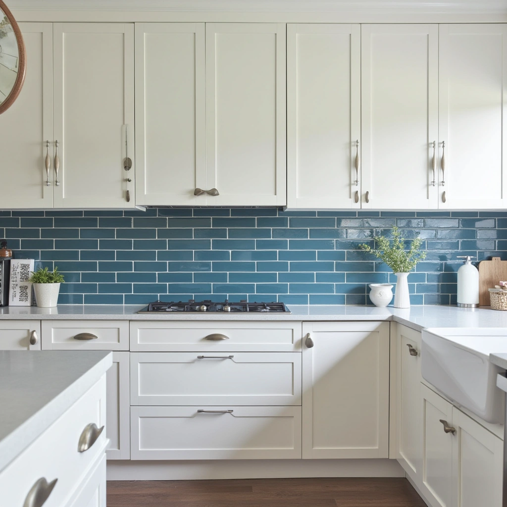 4. White Cabinets with Blue Backsplash