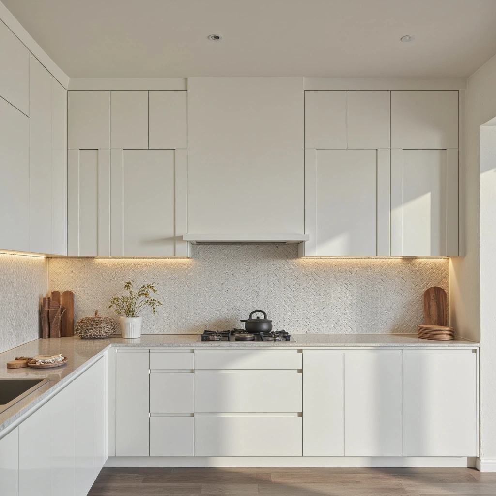10. White Cabinets with Textured Backsplash Tiles