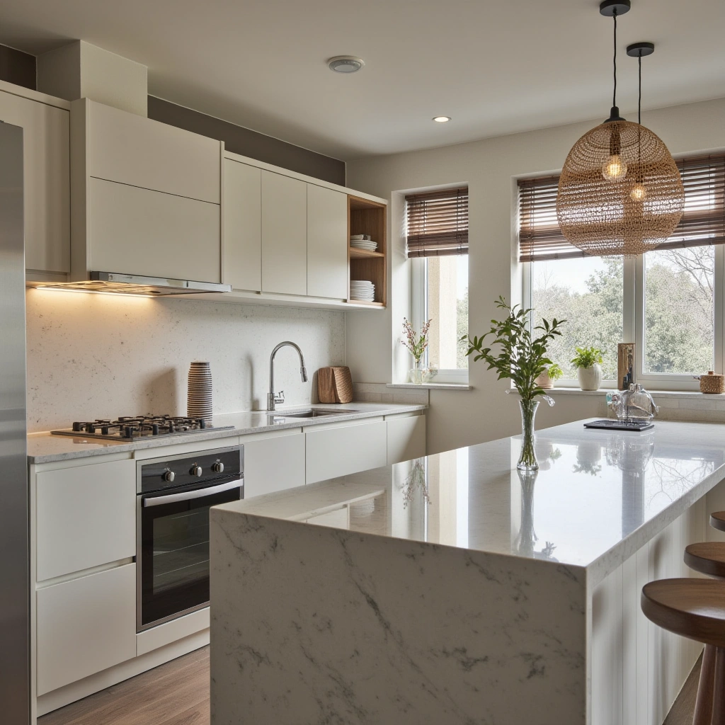 1. Sleek Quartz Countertops with Minimalist Decor