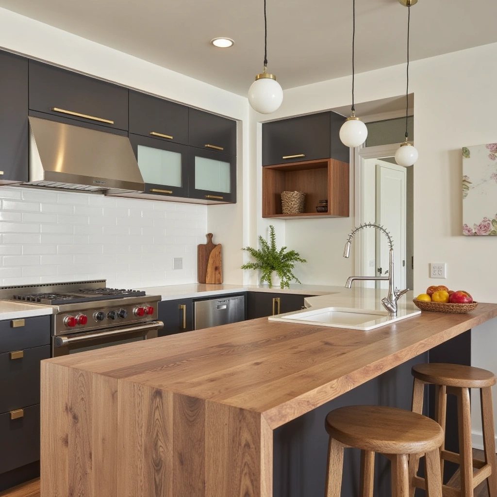 2. Warm Butcher Block Counters with Rustic Charm