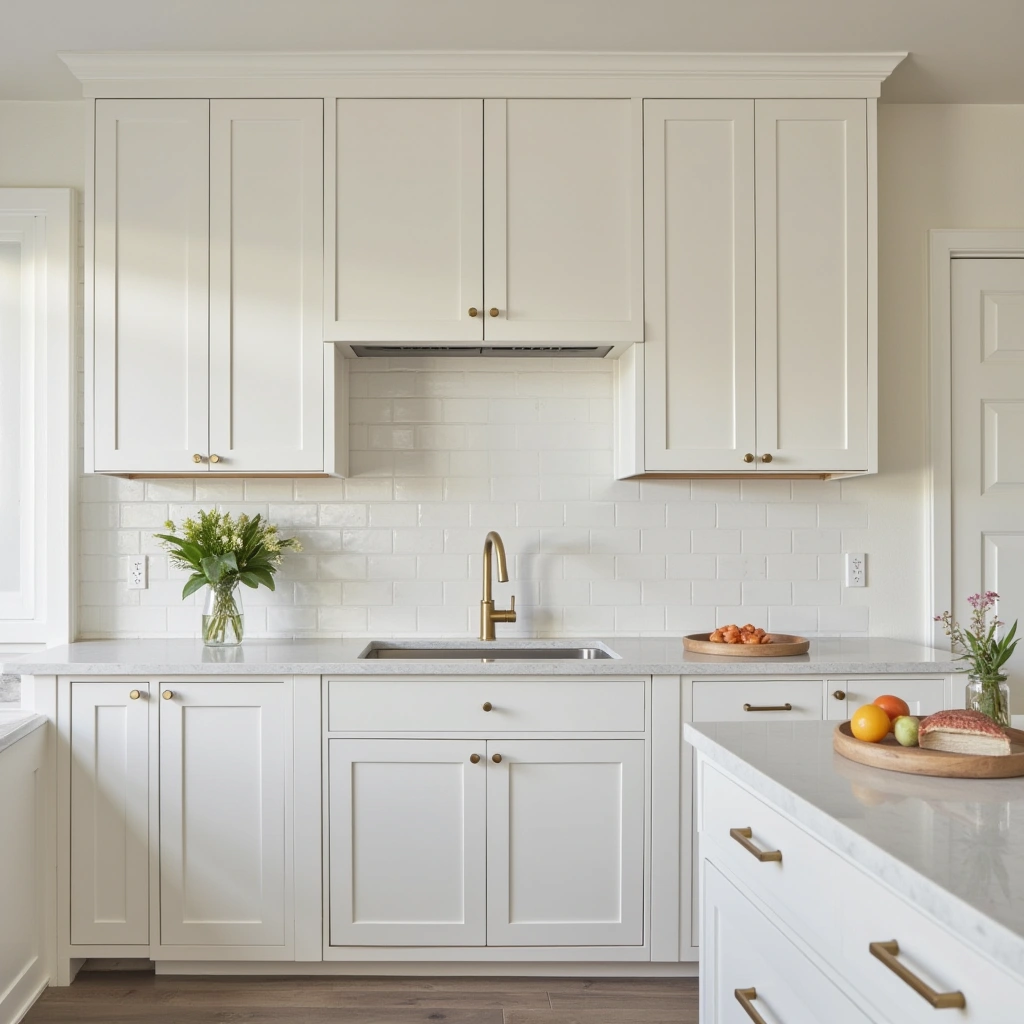 1. Classic White Shaker Cabinets with Brass Hardware