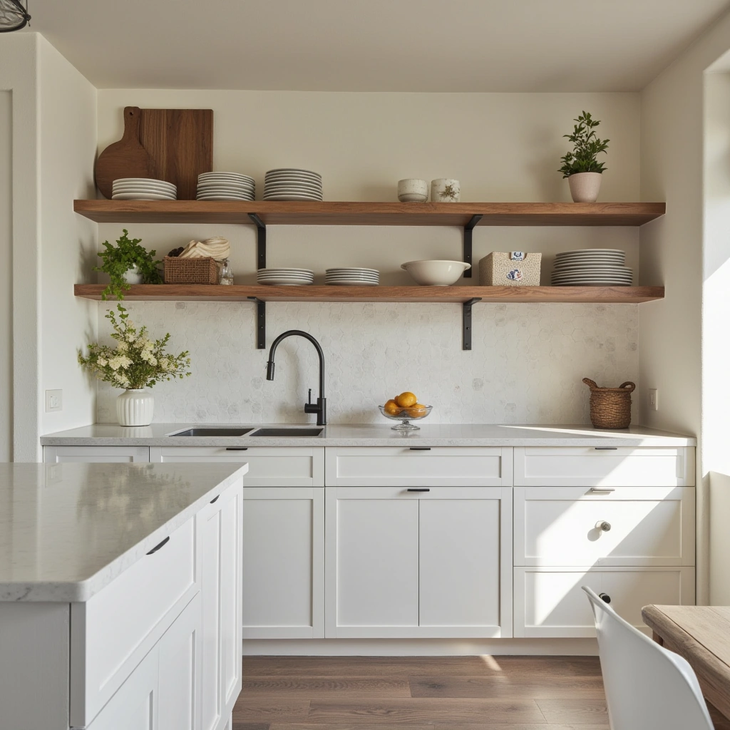 2. White Cabinets with Open Wood Shelves