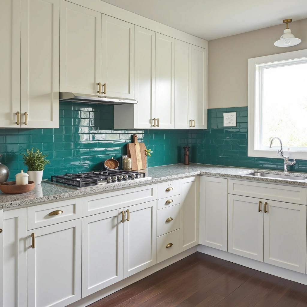 3. White Cabinets with Bold Colored Backsplash