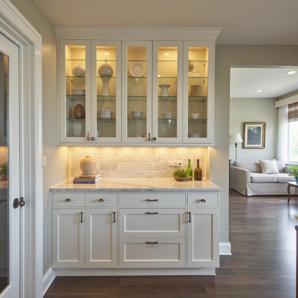 6. White Glass-Front Cabinets with Interior Lighting