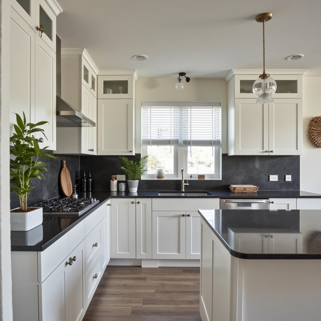 7. White Cabinets with Dark Quartz Countertops