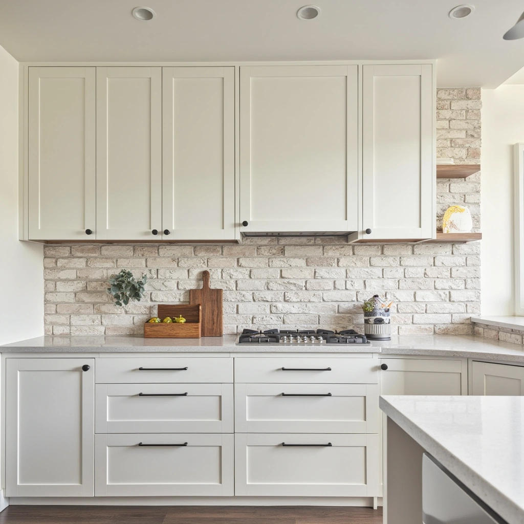 8. White Cabinets with Stone or Brick Backsplash