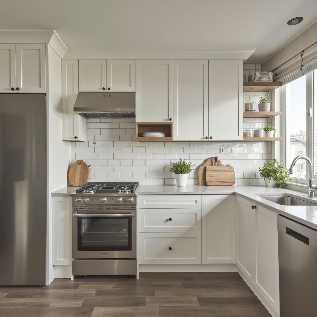 10. White Cabinets with Stainless Steel Appliances and Fixtures